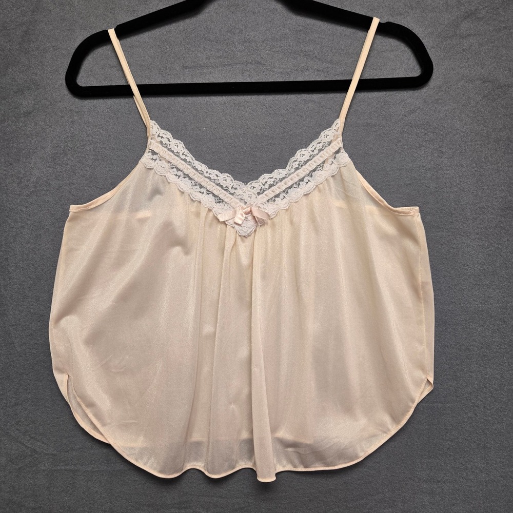 Vintage Sheer Coquette Regncycore Pink Lace Trim Camisole Top M Union Made USA‎